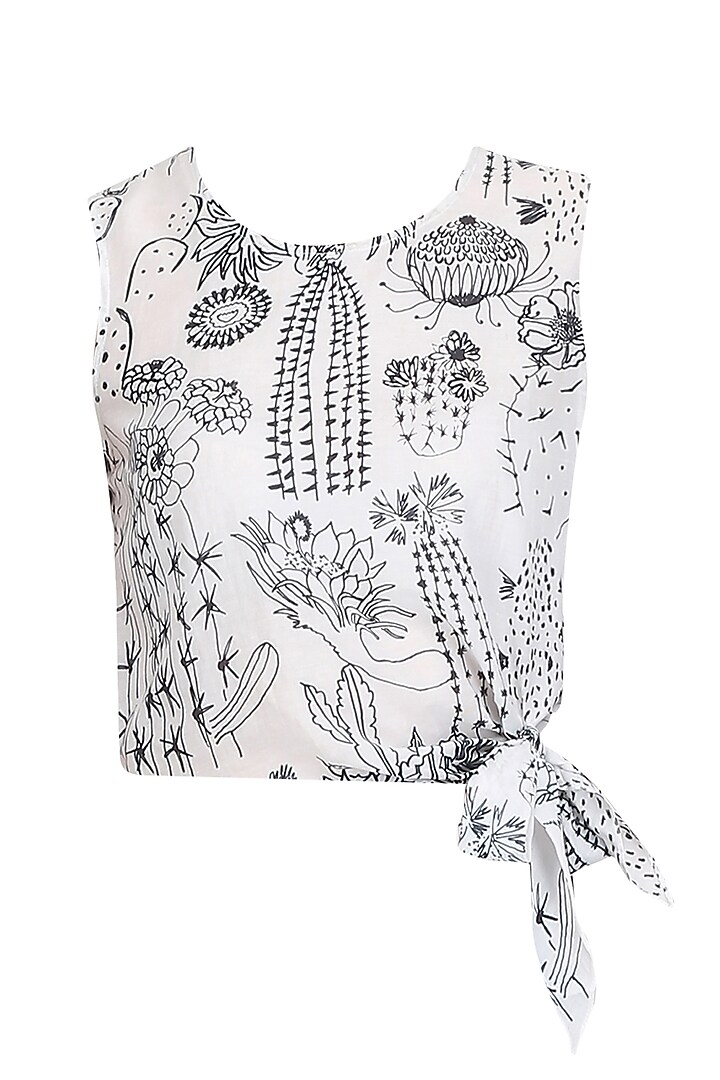 White Cactus Print Side Tie Up Crop Top by Little Things Studio