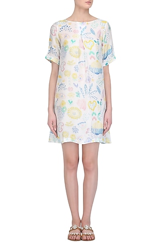 White Printed Front Pleated Dress by Little Things Studio