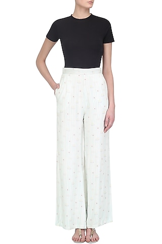 White Printed High Waisted Pants by Little Things Studio