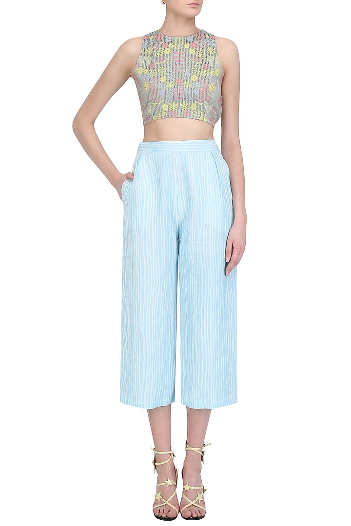 Grey and pastel hues embroidered crop top available only at Pernia's Pop Up Shop.
