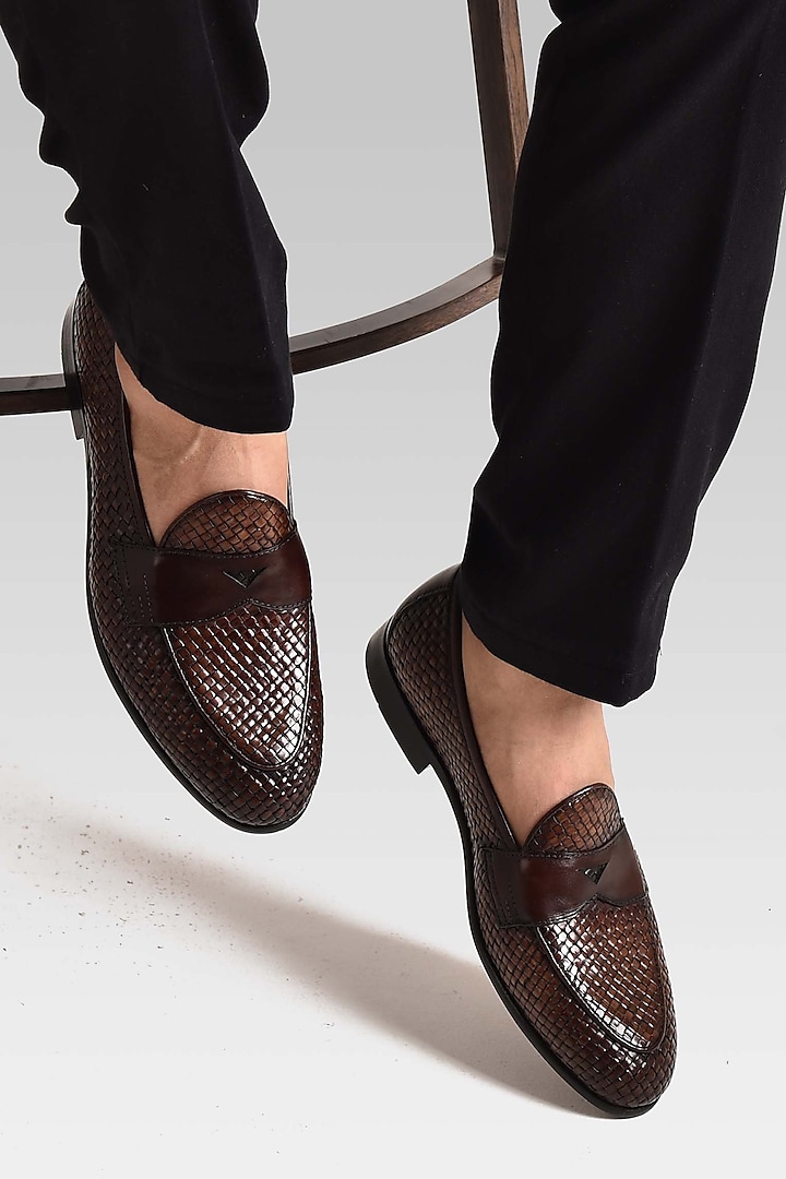 Brown Line Textured Loafers by Luxuro Formello at Pernia's Pop Up Shop