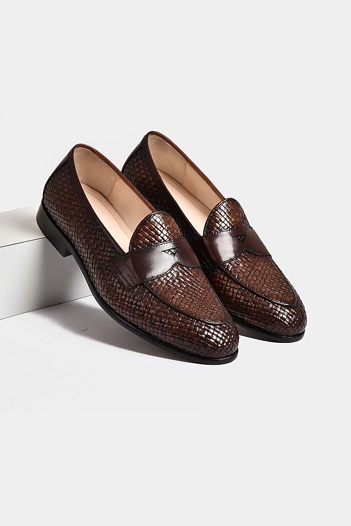 Brown Line Textured Loafers by Luxuro Formello at Pernia's Pop Up Shop