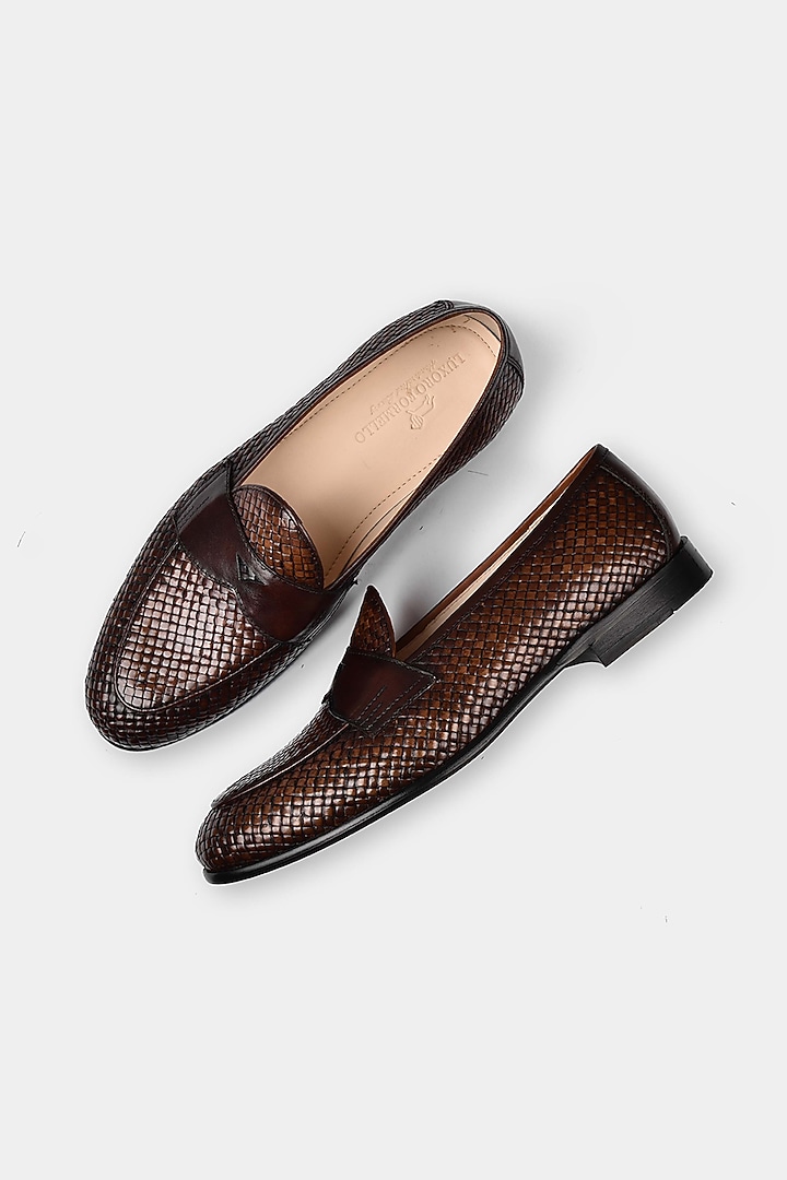 Brown Line Textured Loafers by Luxuro Formello at Pernia's Pop Up Shop