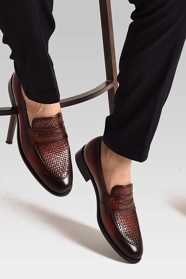 Brown Hand Woven Loafers by Luxuro Formello at Pernia's Pop Up Shop