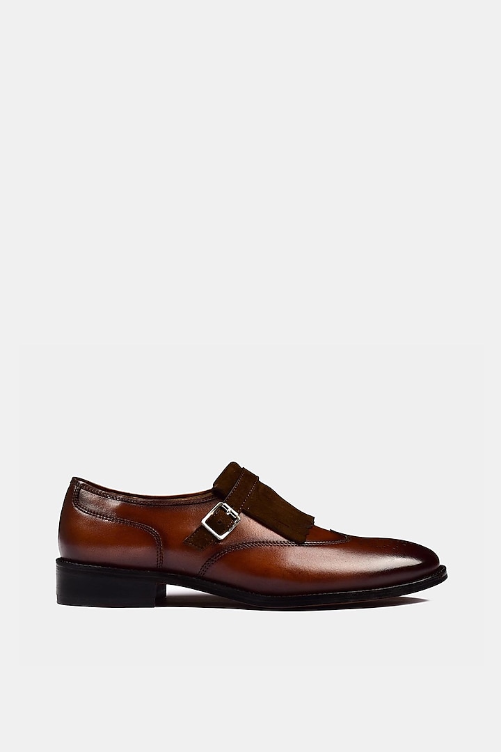 Brown Suede Leather Loafers With Monk Straps by Luxuro Formello