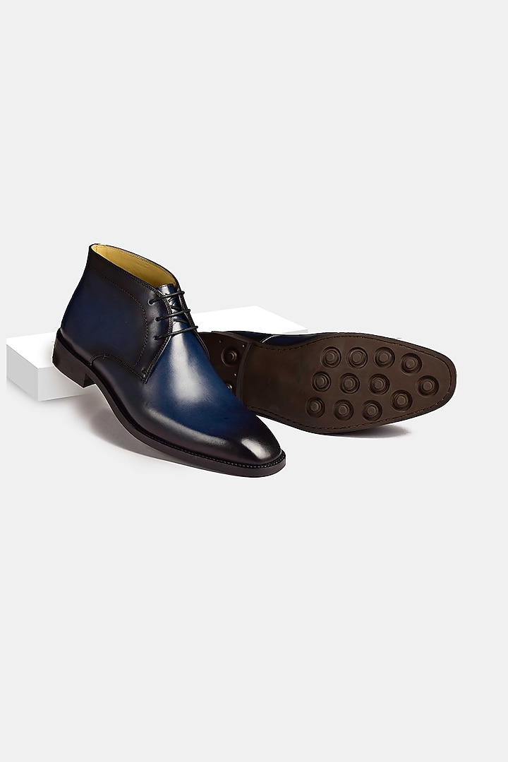 Blue Hand Stitched Chukka Boots by Luxuro Formello at Pernia's Pop Up Shop