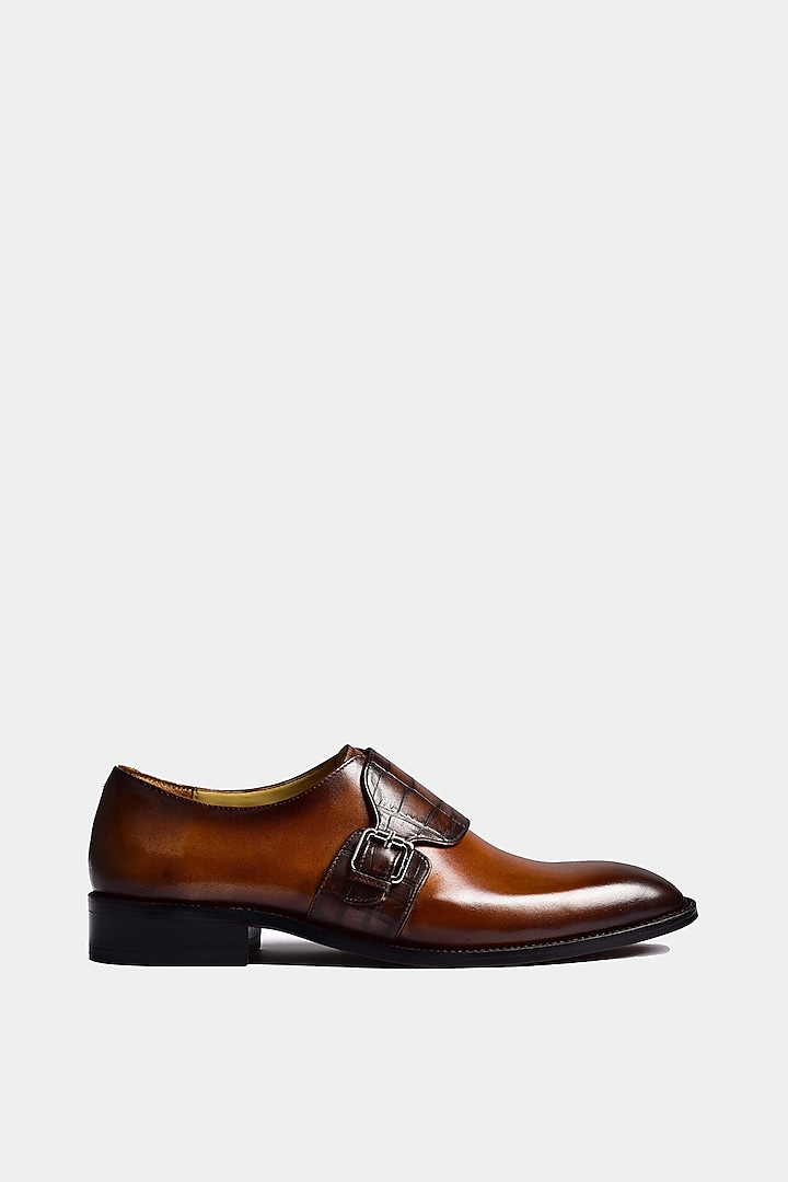 Brown Single Buckle Monk Strapped Shoes by Luxuro Formello