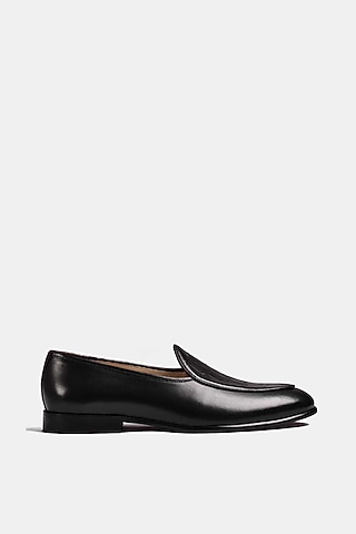 Black Calf Leather Hand Stitched Loafers  by Luxuro Formello