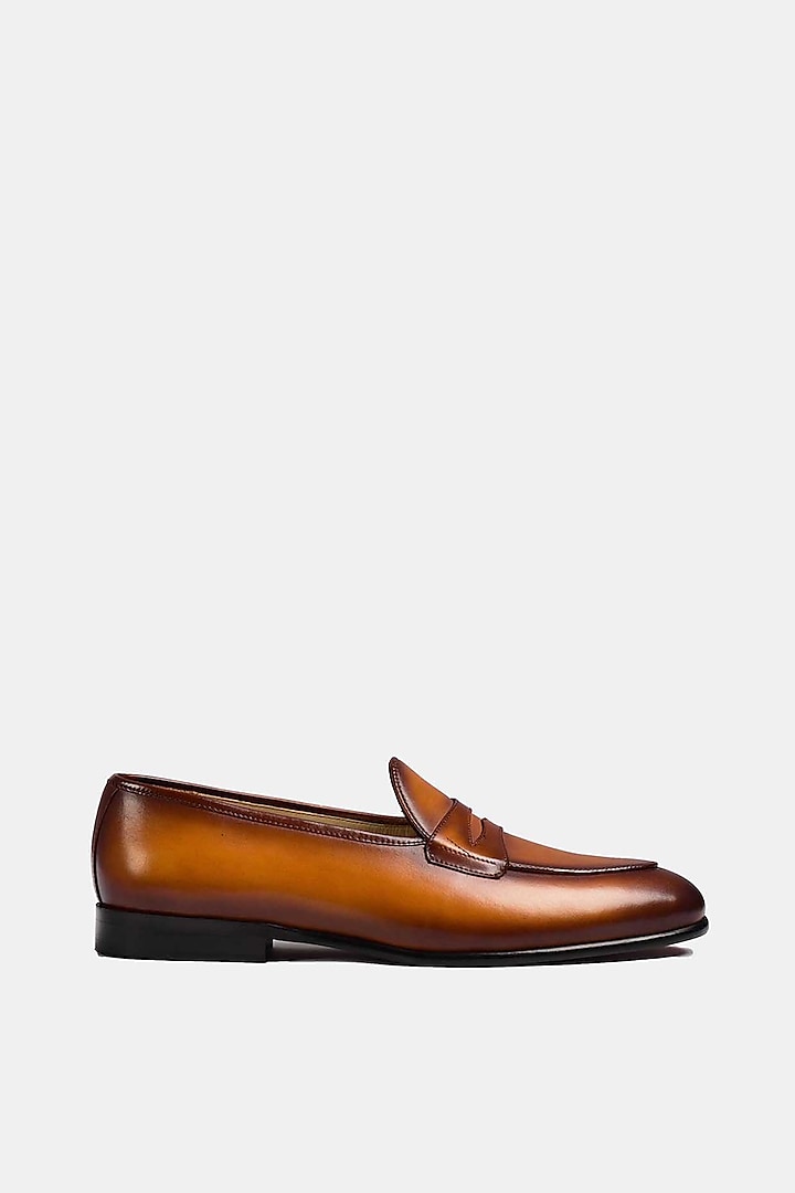 Tan Hand Stitched Loafers With Grand Penny by Luxuro Formello