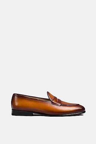 Tan Hand Stitched Loafers With Grand Penny by Luxuro Formello