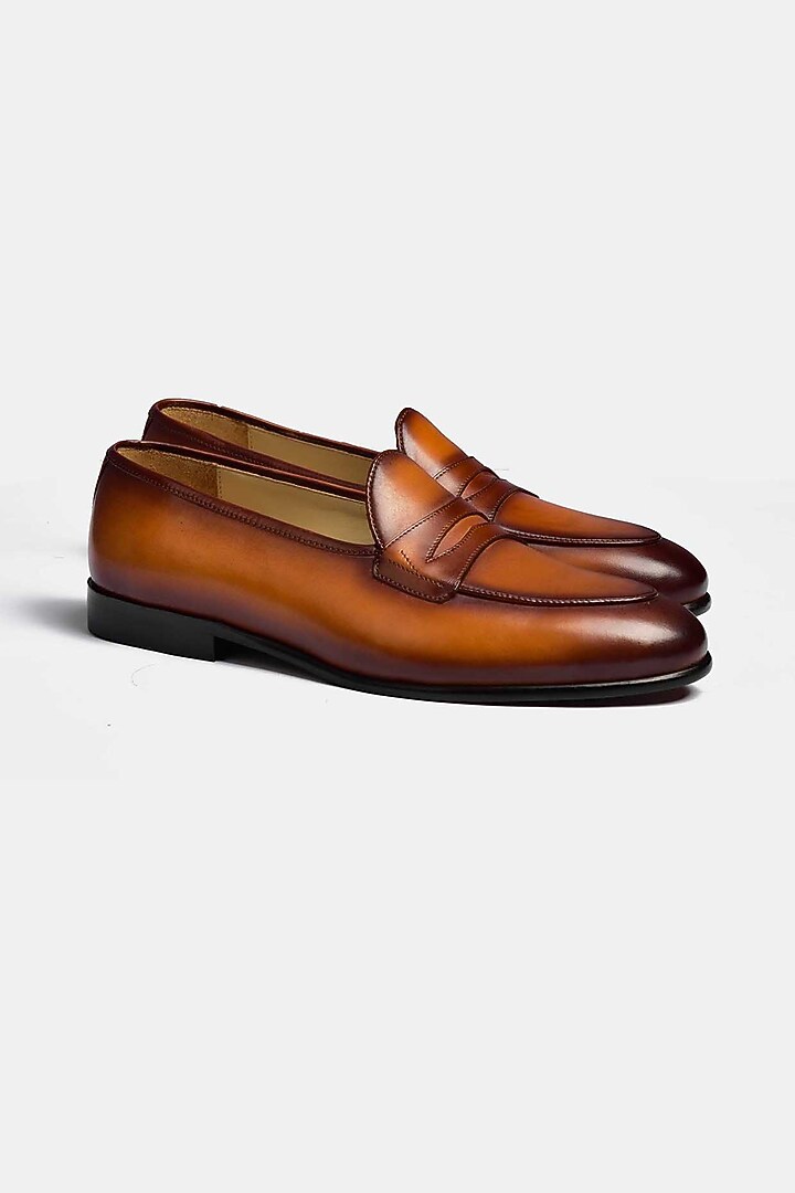 Tan Hand Stitched Loafers With Grand Penny by Luxuro Formello at Pernia's Pop Up Shop