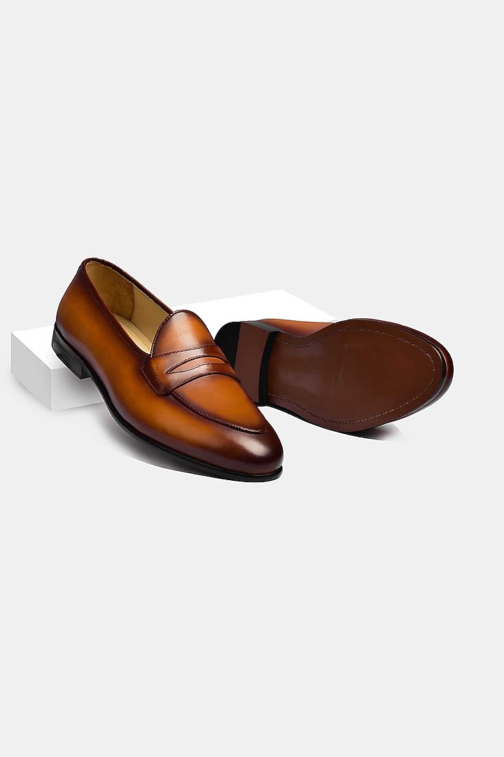 Tan Hand Stitched Loafers With Grand Penny by Luxuro Formello at Pernia's Pop Up Shop