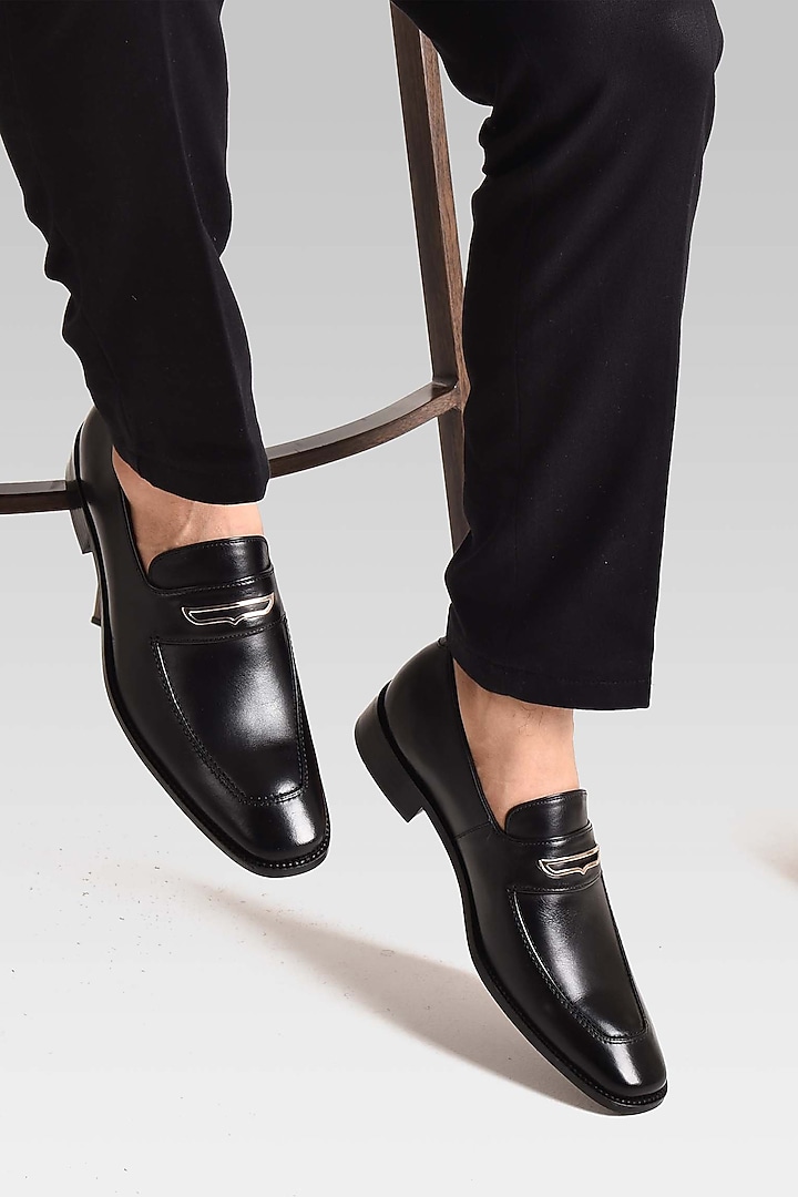 Black Hand Stitched Loafers by Luxuro Formello at Pernia's Pop Up Shop