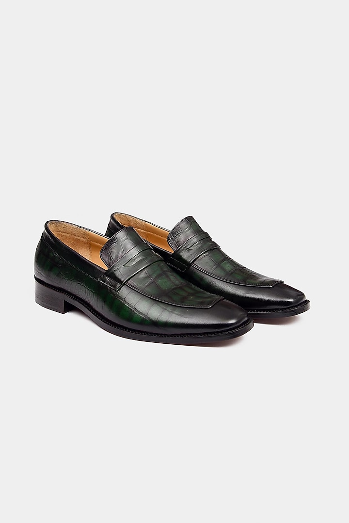 Black Crocodile Textured Loafers by Luxuro Formello at Pernia's Pop Up Shop