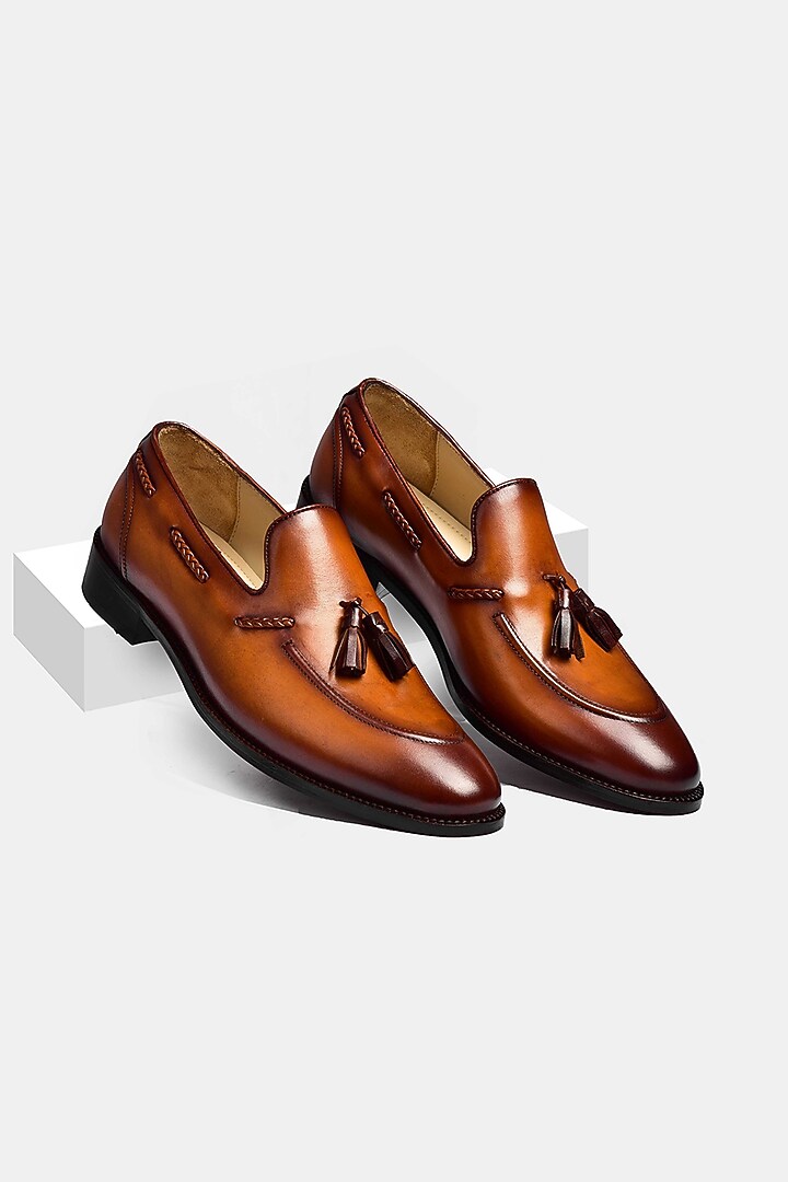 Brown Calf Leather Loafers With Tassels by Luxuro Formello at Pernia's Pop Up Shop