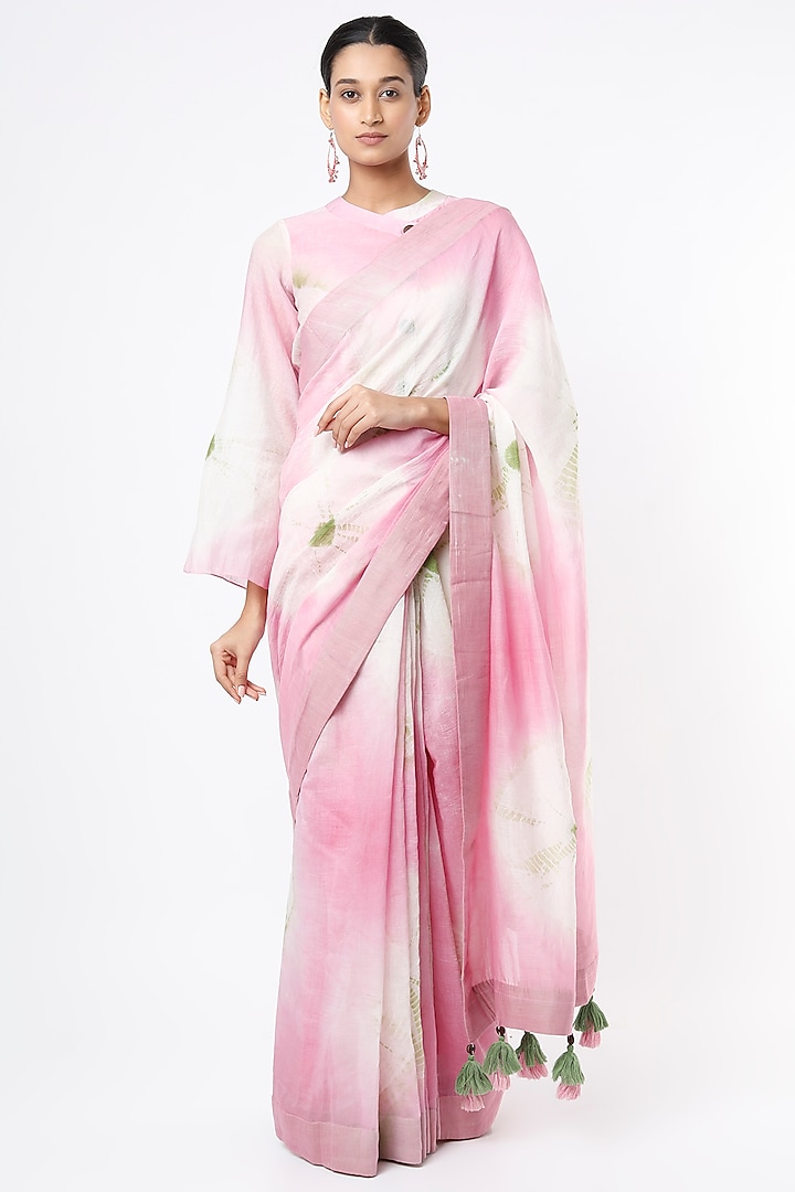 Pink Maheshwari Silk Saree Set by Lugda by DIHI
