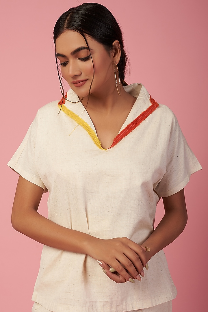 Off-White Khadi Cotton Collared Top by Lugda by DIHI at Pernia's Pop Up Shop
