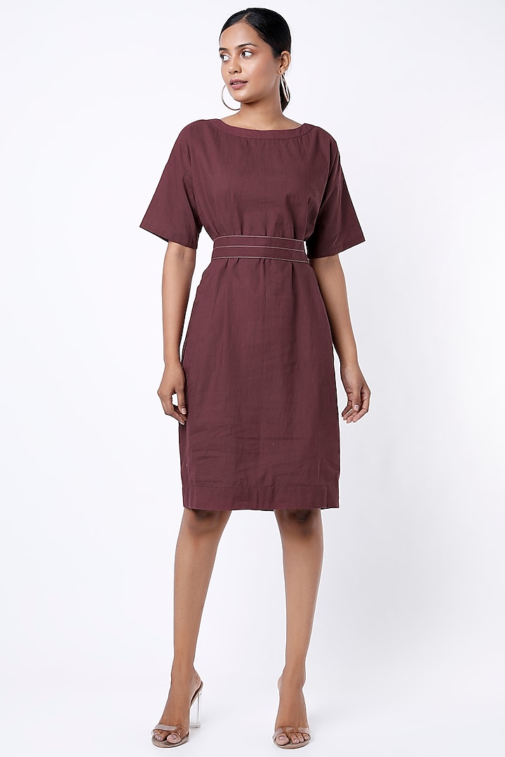 Wine Cotton Knee-Length Dress by Lugda by DIHI