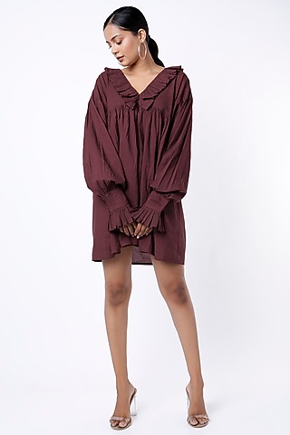 Wine Ruffled Mini Dress by Lugda by DIHI