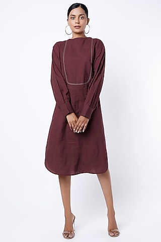 Wine Cotton Midi Dress by Lugda by DIHI
