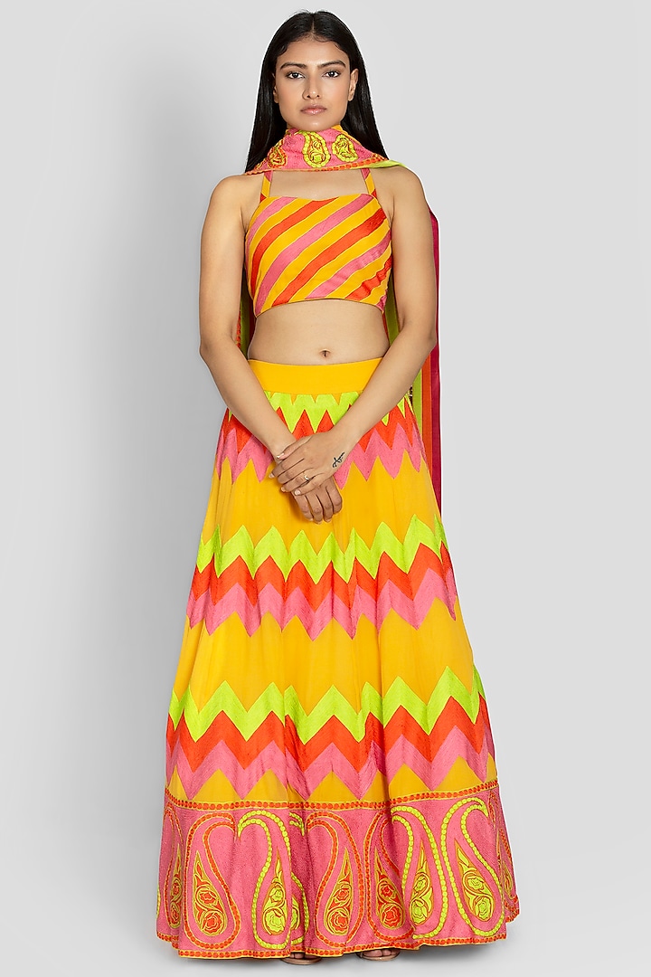 Multi-Colored Georgette Embroidered Lehenga Set by Luxuries of Kashmir