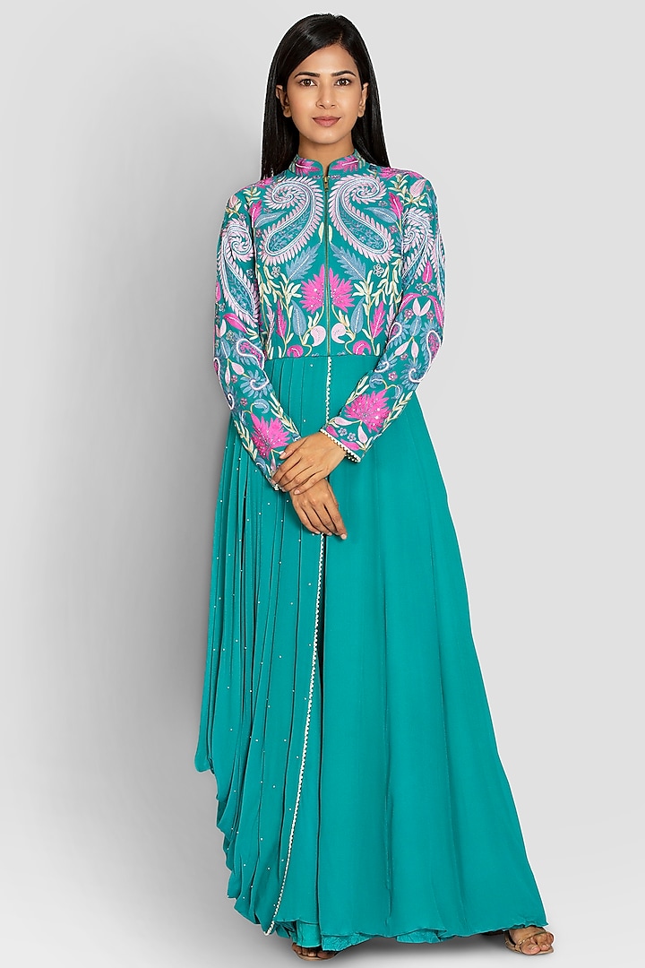 Beryl Green Embroidered Dress by Luxuries of Kashmir