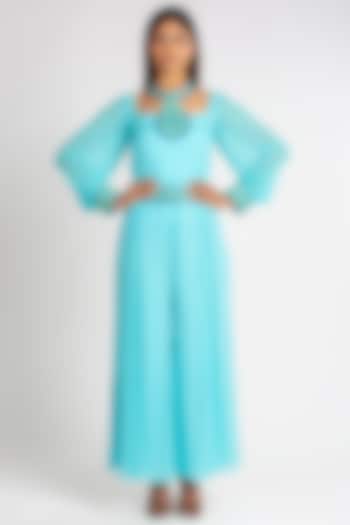 Turquoise Viscose Embroidered Jumpsuit by Luxuries of Kashmir