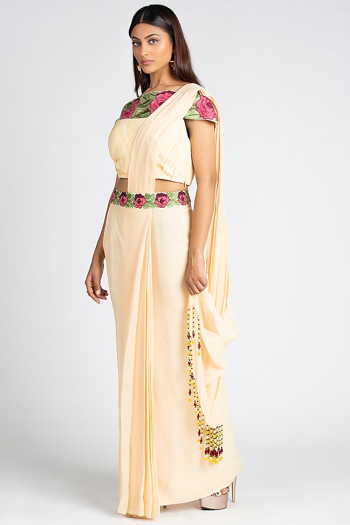 Cream Floral Embroidered Pre-Stitched Saree by Luxuries of Kashmir