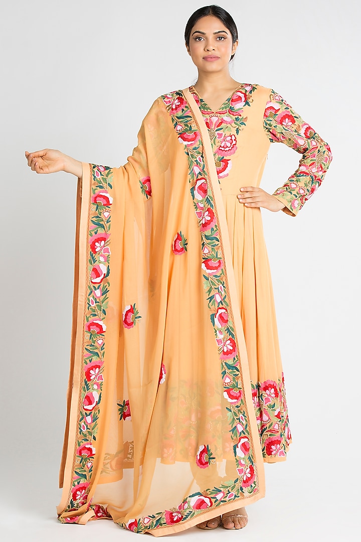 Deep Peach Georgette Anarkali Set by Luxuries of Kashmir