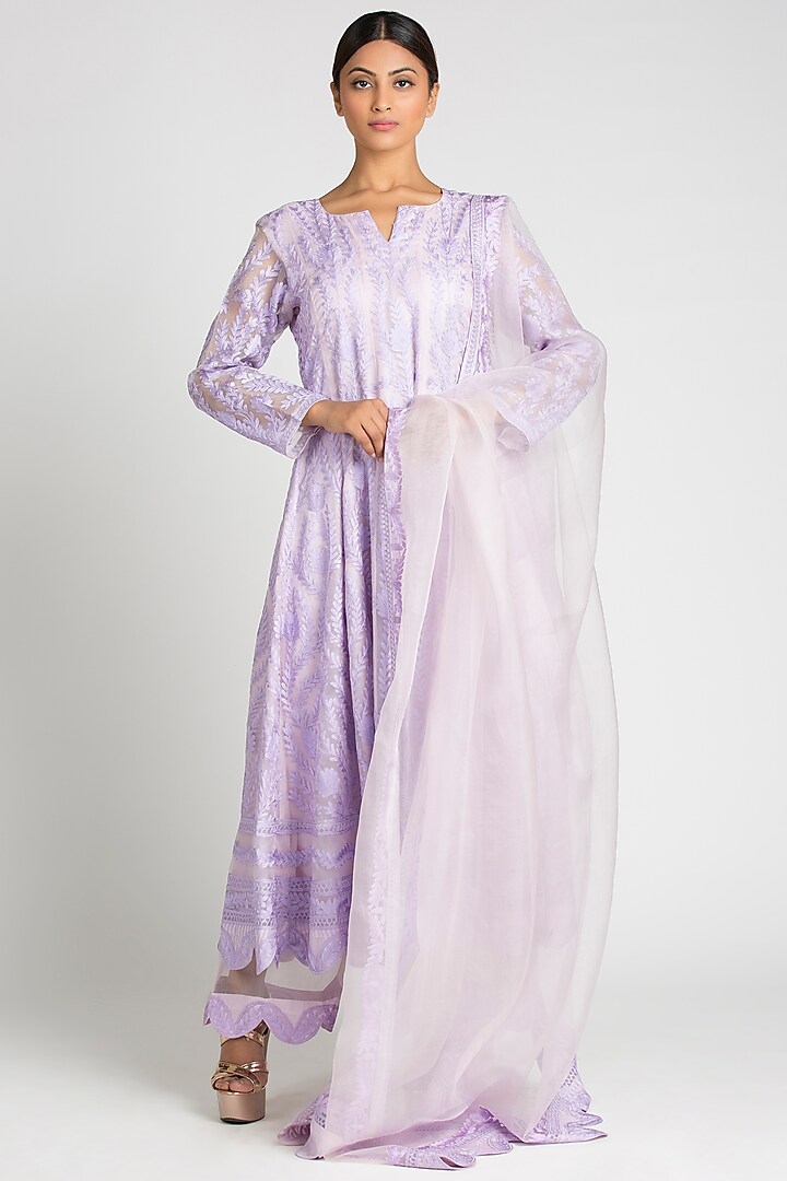 Periwinkle Embroidered Anarkali Set by Luxuries of Kashmir