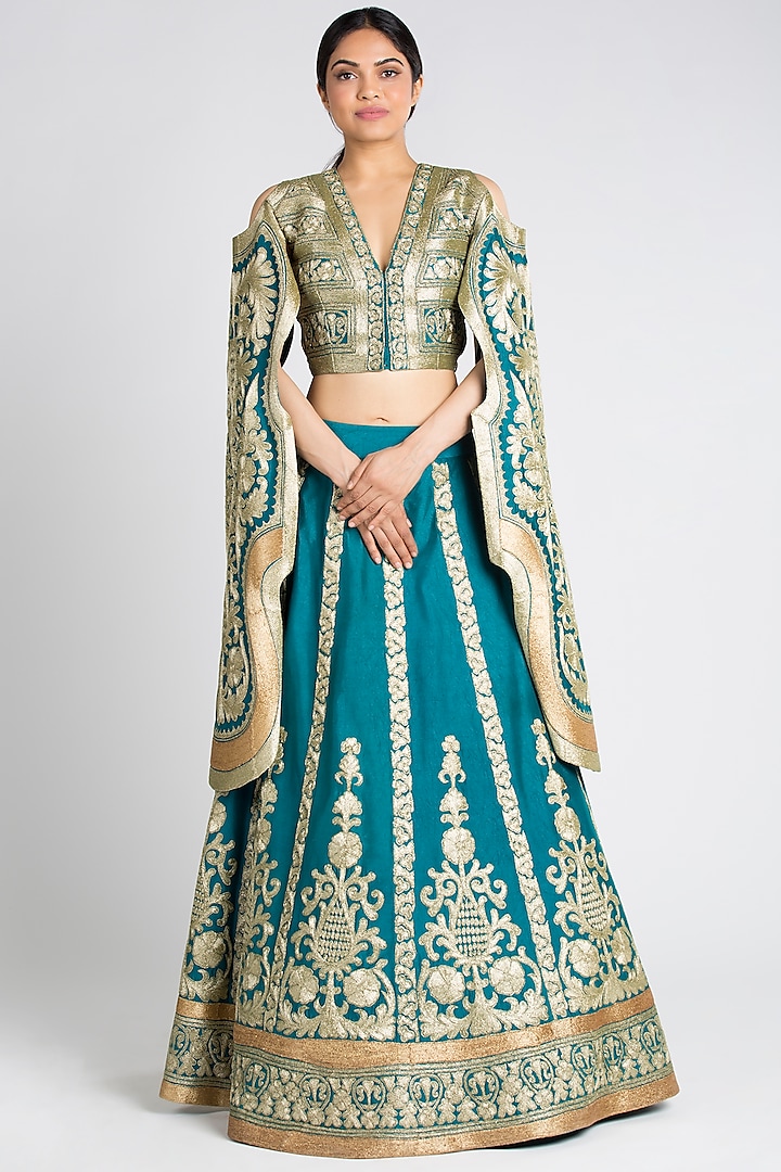 Teal Green Embroidered Lehenga Set by Luxuries of Kashmir