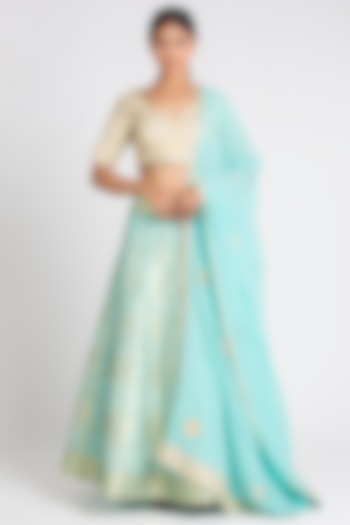 Turquoise Blue Banarasi Wedding Lehenga Set by Luxuries of Kashmir at Pernia's Pop Up Shop