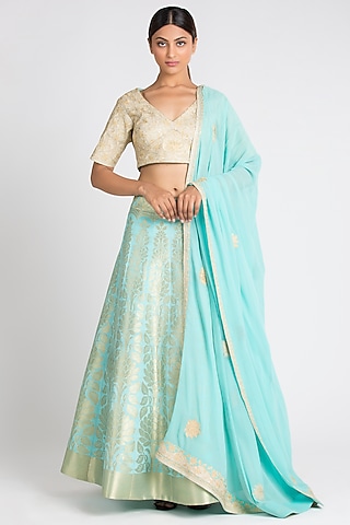 Turquoise Blue Banarasi Lehenga Set by Luxuries of Kashmir