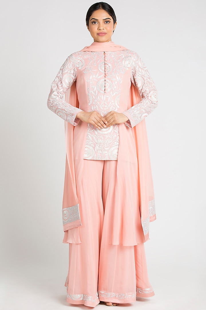 Baby Pink Georgette Sharara Set by Luxuries of Kashmir