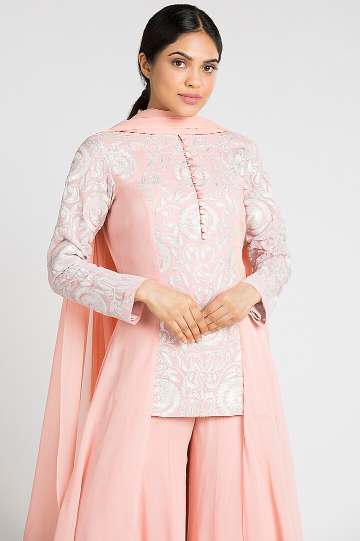 Baby Pink Georgette Wedding Sharara Set by Luxuries of Kashmir at Pernia's Pop Up Shop