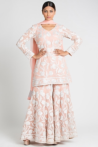 Peach Georgette Sharara Set by Luxuries of Kashmir