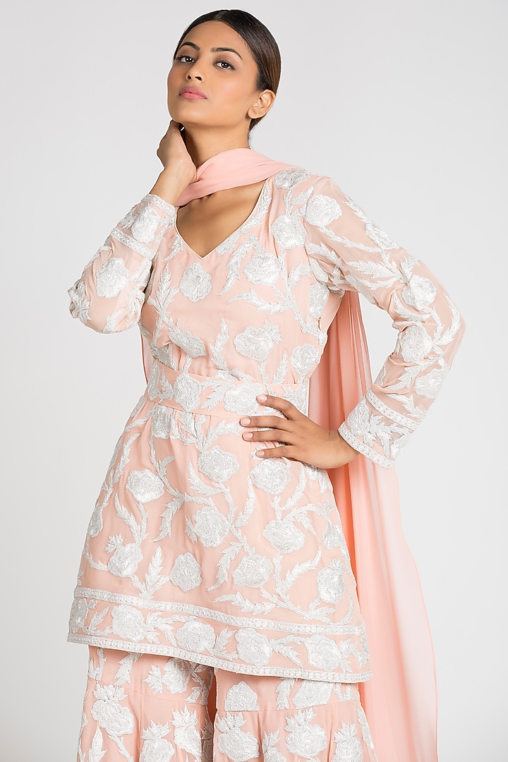Peach Georgette Bridal Sharara Set by Luxuries of Kashmir at Pernia's Pop Up Shop