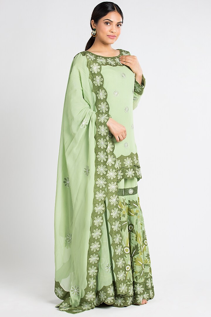 Pista Green Georgette Sharara Set by Luxuries of Kashmir