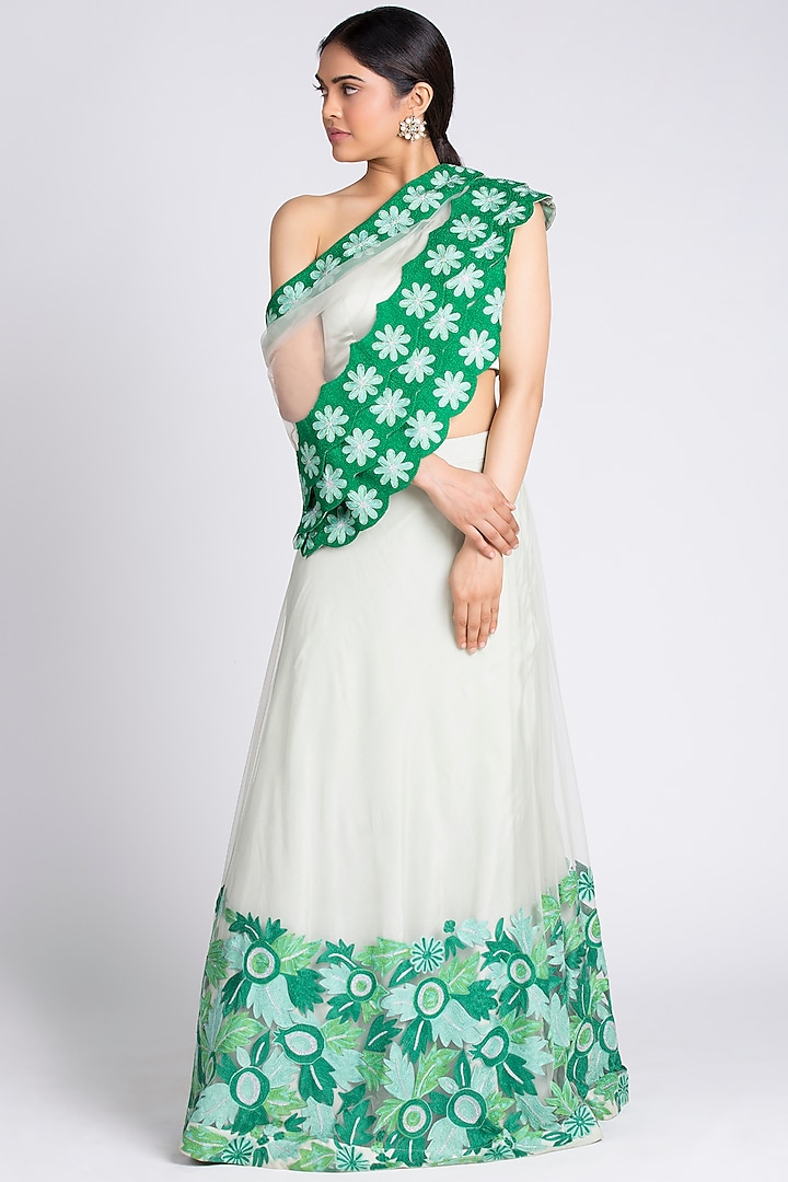 Pista Green & White Embroidered Lehenga Set by Luxuries of Kashmir