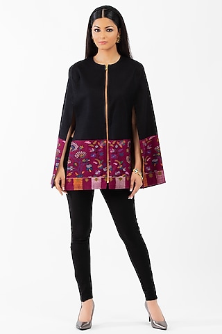 Black Woven Pashmina Cape by Luxuries of Kashmir