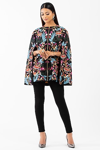 Black Hand Embroidered Cape by Luxuries of Kashmir