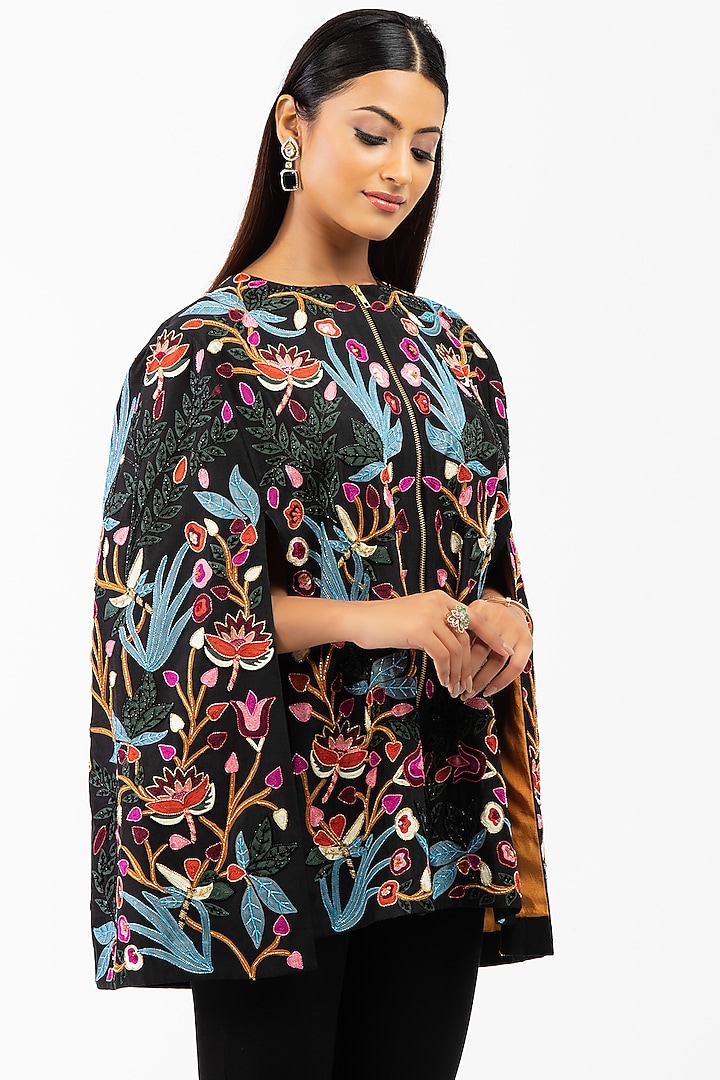 Black Hand Embroidered Cape by Luxuries of Kashmir at Pernia's Pop Up Shop