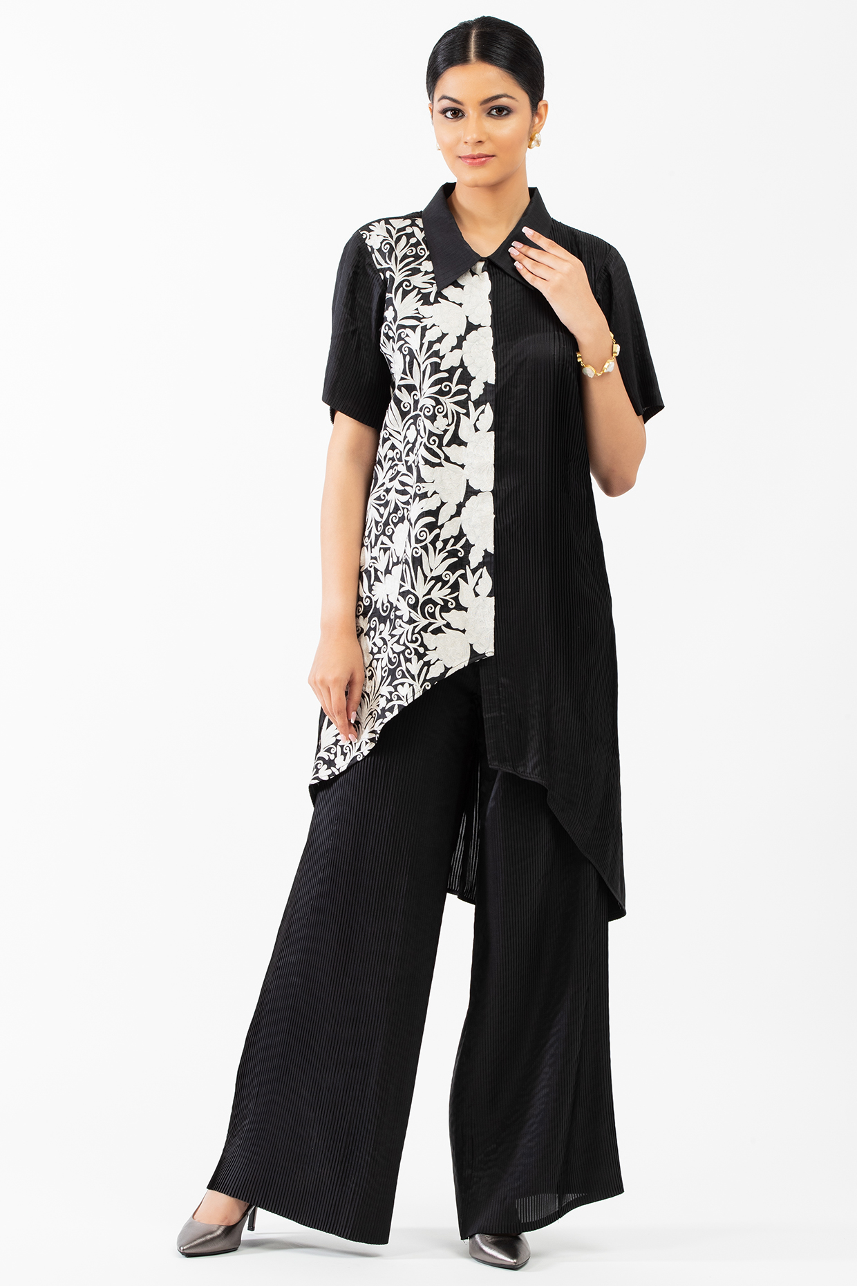 Black Pleated Silk Pant Set by Luxuries of Kashmir