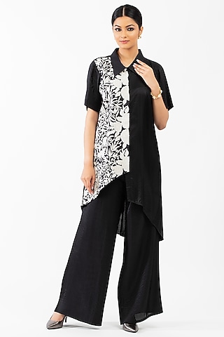 Black Pleated Silk Pant Set by Luxuries of Kashmir