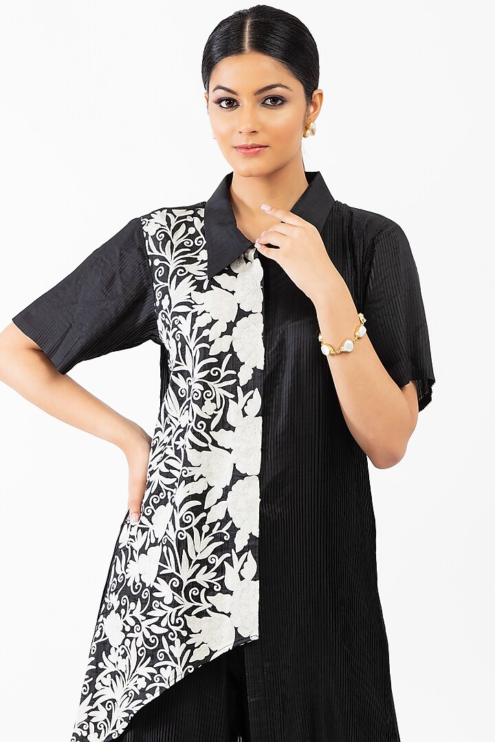 Black Pleated Silk Pant Set by Luxuries of Kashmir at Pernia's Pop Up Shop