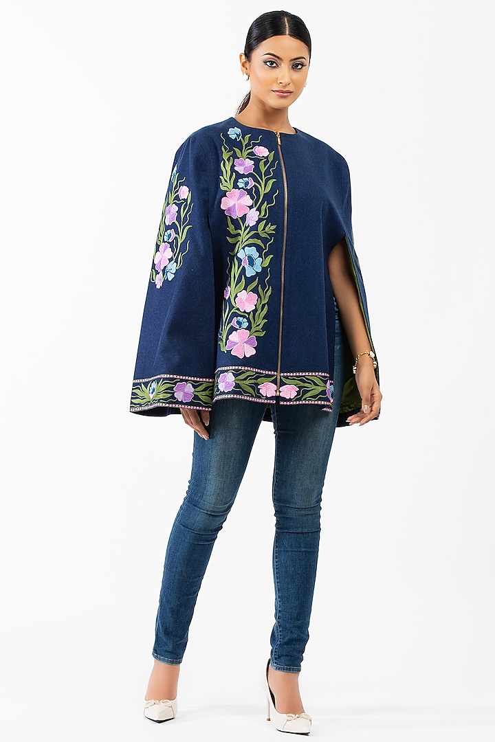 Royal Blue Embroidered Cape by Luxuries of Kashmir