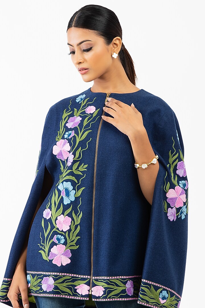Royal Blue Embroidered Cape by Luxuries of Kashmir at Pernia's Pop Up Shop
