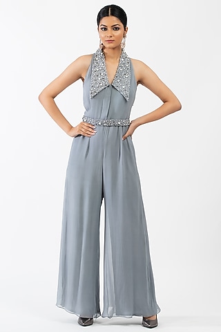 Grey Georgette Jumpsuit by Luxuries of Kashmir