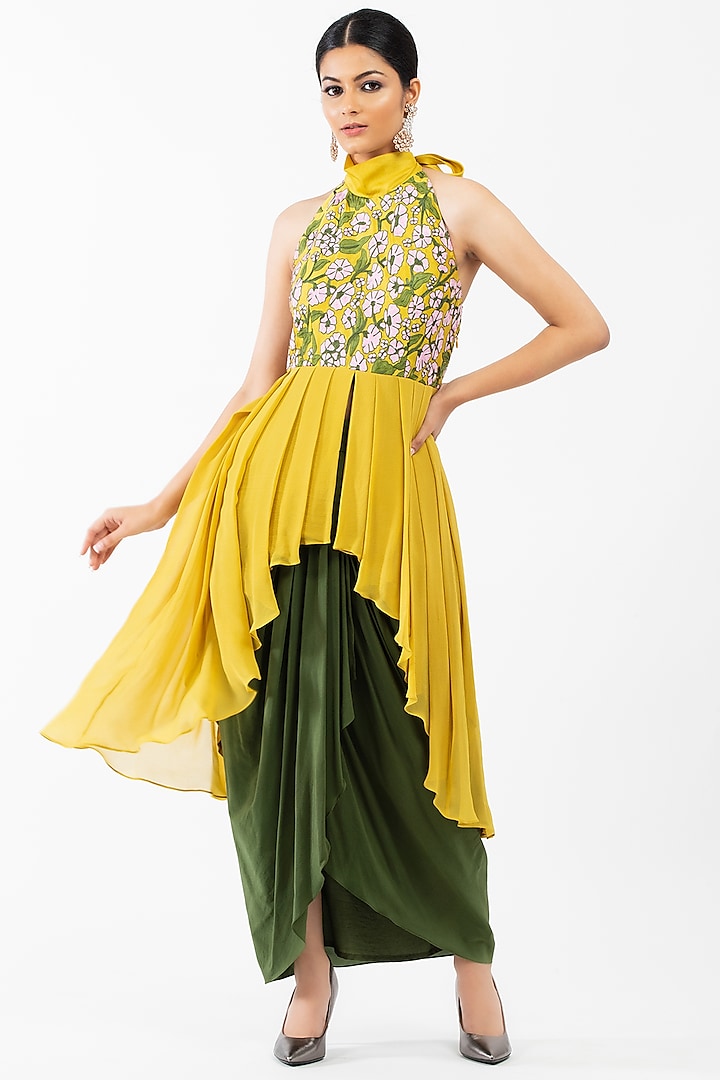 Olive Green Georgette Skirt Set by Luxuries of Kashmir at Pernia's Pop Up Shop