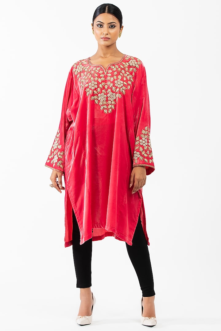 Coral Embroidered Pheran by Luxuries of Kashmir